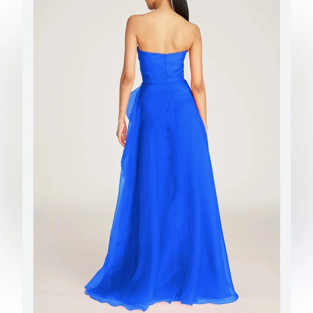 Theia Blue Asymmetrical Ruffled Strapless Gown - Picture 2 of 9